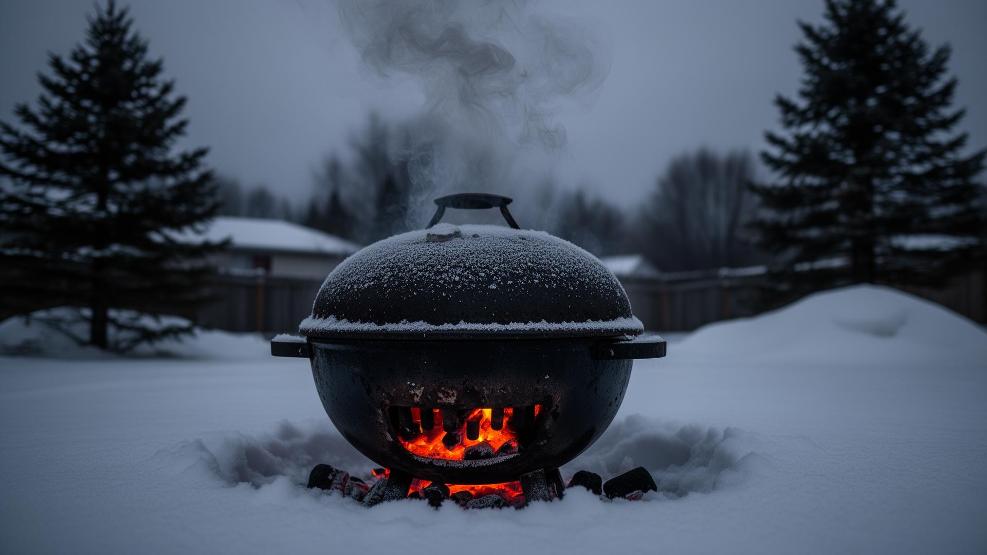 Charcoal kettle grill smoking in deep snow at twilight