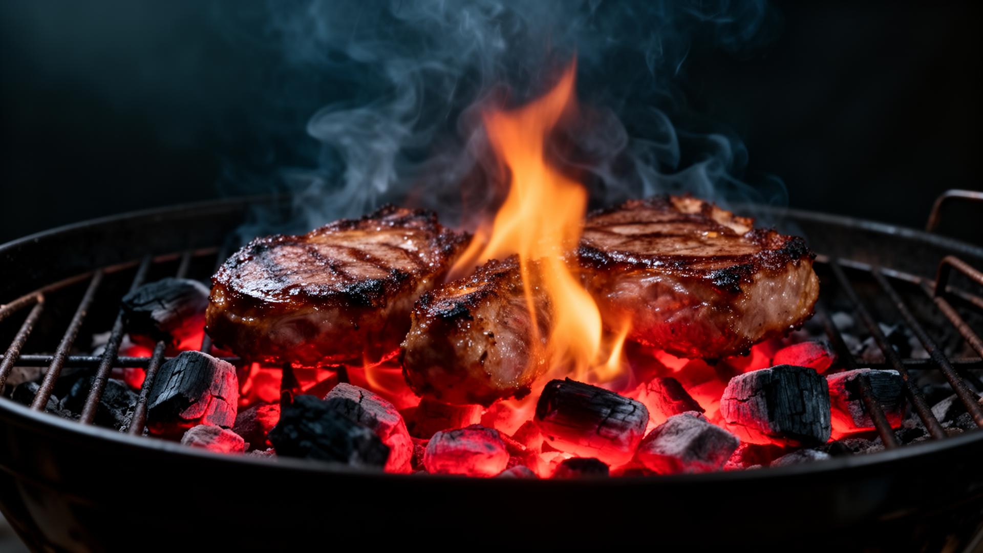 Smoking charcoal grill with glowing embers
