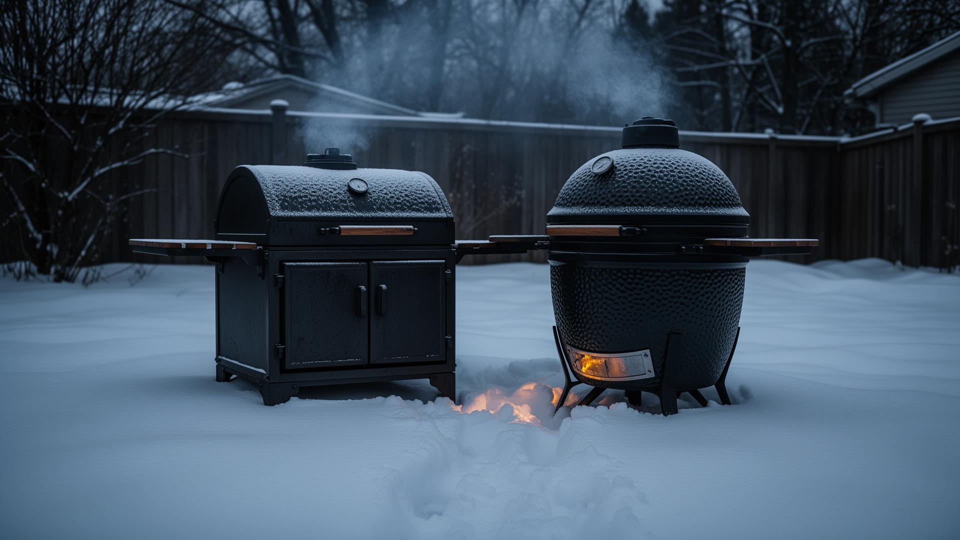 Insulated cabinet smoker and kamado grill side by side in a snowy backyard