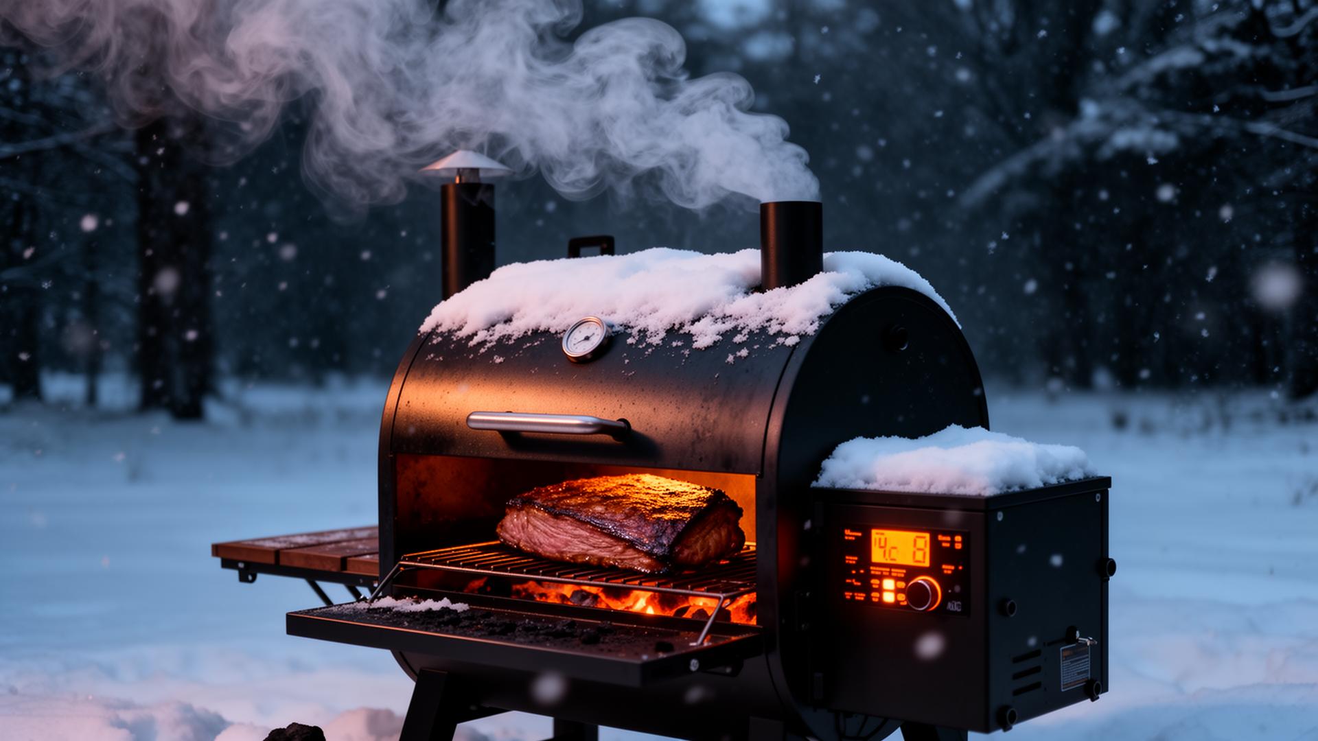 Pellet smoker running brisket in a snowstorm at dusk